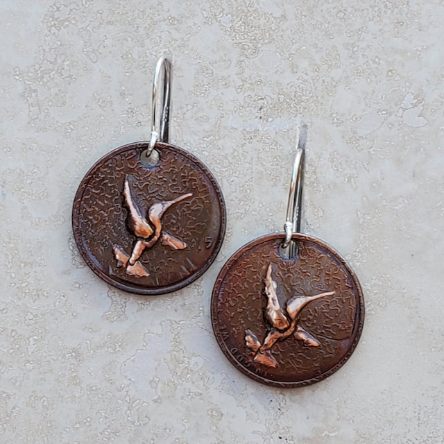 Pressed Copper Penny Hummingbird Earrings