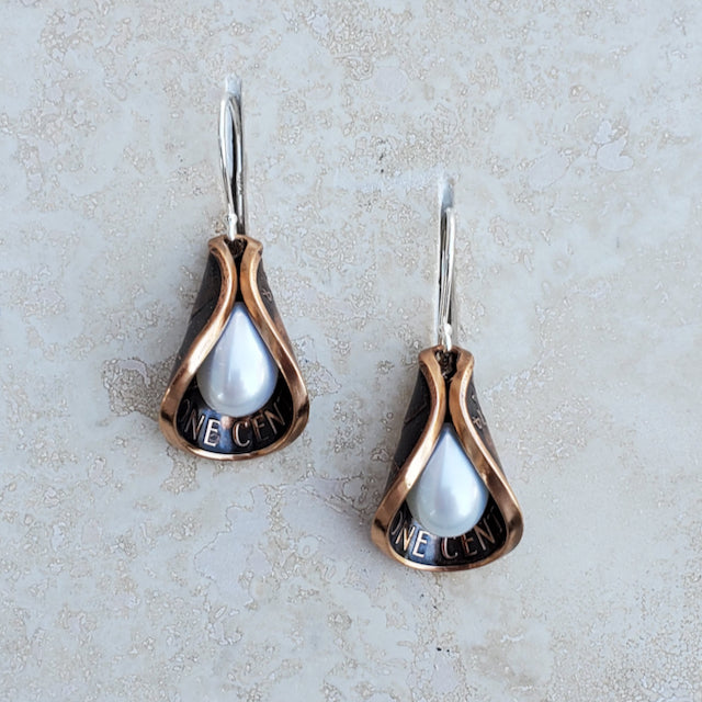 Copper Penny Petal Earrings with Pearl