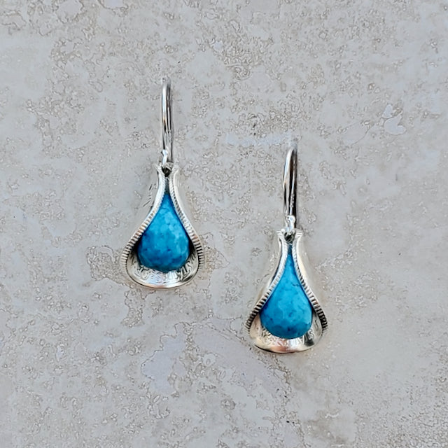 Faceted Blue Turquoise Silver Dime Petal Earrings